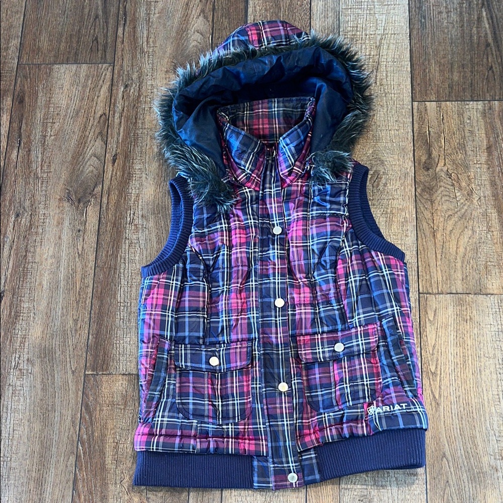 Ariat Plaid Vest with Faux Fur Hood